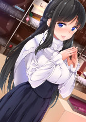 Rule 34 | 1girl, amasora taichi, black hair, blue eyes, blush, braid, breasts, capelet, dutch angle, highres, large breasts, long hair, looking at viewer, meme attire, original, parted lips, smile, solo, virgin killer outfit