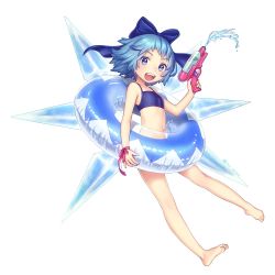 Rule 34 | 1girl, bare arms, bare legs, bare shoulders, barefoot, bikini, blue bikini, blue bow, blue eyes, blue hair, blue wings, bow, cirno, feet, flat chest, full body, hair bow, highres, holding, ice, ice wings, innertube, looking at viewer, navel, open mouth, pink ribbon, ribbon, sho shima, short hair, simple background, smile, solo, swim ring, swimsuit, touhou, water gun, white background, wings, wrist ribbon