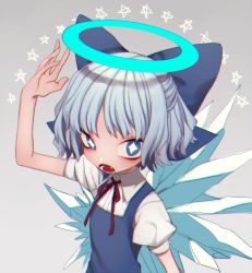 Rule 34 | + +, 1girl, bad id, bad twitter id, blue dress, blue eyes, blue hair, chromatic aberration, cirno, dress, fang, from above, gradient background, grey background, hair ribbon, halo, ice, ice wings, looking at viewer, marimo tarou, matching hair/eyes, open mouth, puffy sleeves, ribbon, short hair, short sleeves, solo, star (symbol), touhou, upper body, wings