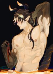 Rule 34 | 1boy, abs, absurdres, alternate body hair, arknights, armpit hair, armpits, bara, black hair, black skin, bulge, chest hair, chong yue (arknights), colored skin, covered penis, dragon boy, dragon horns, erection, erection under clothes, fundoshi, gradient skin, hand in own hair, hand up, highres, horns, japanese clothes, large pectorals, le zhang zhang, male focus, lava, multicolored hair, muscular, muscular male, navel hair, nipples, nude, pectorals, pointy ears, presenting armpit, red eyes, see-through, solo, stomach, streaked hair, sweat, very sweaty, wet, wet clothes, wet fundoshi