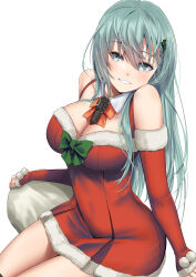 Rule 34 | 1girl, aqua eyes, aqua hair, ascot, breasts, christmas tree hair ornament, detached collar, detached sleeves, dress, fur-trimmed dress, fur trim, green eyes, hair ornament, hairclip, highres, kantai collection, long hair, looking at viewer, medium breasts, official alternate costume, red dress, sack, santa dress, simple background, solo, suzuya (kancolle), white background, zombie mogura