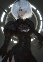 Rule 34 | 1girl, bad id, bad tumblr id, black dress, black hairband, blue eyes, breasts, cleavage, cleavage cutout, clothing cutout, dress, facing viewer, feather-trimmed sleeves, hairband, highres, juliet sleeves, leotard, long sleeves, mole, mole under mouth, nier:automata, nier (series), no blindfold, parted lips, puffy sleeves, raikoart, short hair, silver hair, solo, standing, white leotard, 2b (nier:automata)