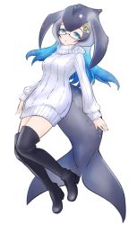 Rule 34 | 10s, 1girl, anchor hair ornament, black-framed eyewear, black footwear, blue eyes, blue hair, blue whale (kemono friends), boots, cetacean tail, fins, fish tail, full body, glasses, grey hair, hair ornament, hairclip, ise (0425), japari symbol, kemono friends, long hair, long sleeves, looking at viewer, multicolored hair, ribbed sweater, semi-rimless eyewear, simple background, solo, sweater, tail, thigh boots, thighhighs, turtleneck, under-rim eyewear, white background, white sweater