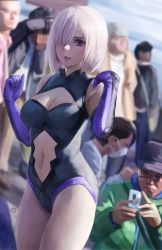 Rule 34 | 1girl, 6+boys, bare shoulders, black gloves, blurry, blurry background, blush, breasts, cellphone, center opening, cleavage, clothing cutout, commentary request, day, depth of field, elbow gloves, fate/grand order, fate (series), glasses, gloves, hair over one eye, hands up, highres, hua-j, large breasts, leotard, looking at viewer, mash kyrielight, mask, mouth mask, multiple boys, navel, navel cutout, open mouth, outdoors, people, phone, pink hair, purple eyes, purple gloves, purple hair, short hair, smile, solo focus, taking picture