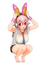 Rule 34 | 1girl, :d, absurdres, bare legs, barefoot, bikini, blush, breasts, feet, full body, headphones, highres, holding, holding shoes, large breasts, long hair, looking at viewer, nail polish, necktie, nitroplus, open mouth, pink hair, red eyes, see-through, shoes, unworn shoes, smile, solo, squatting, super sonico, swimsuit, tiptoes, toenail polish, toenails, toes, tsuji santa, white background, wrist cuffs