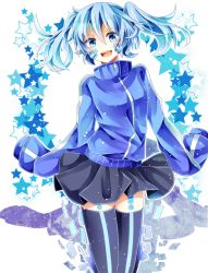 Rule 34 | 1girl, :d, bad id, bad pixiv id, bandaid, black skirt, blue eyes, blue hair, ene (kagerou project), garter straps, head tilt, highres, jacket, kagerou project, looking at viewer, matching hair/eyes, open mouth, sanasanayukikuni, simple background, skirt, smile, solo, star (symbol), starry background, thighhighs, zettai ryouiki
