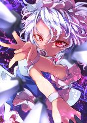 Rule 34 | 1girl, absurdres, apron, between fingers, blue skirt, blue vest, blurry, blurry foreground, calpis118, closed mouth, cowboy shot, frilled skirt, frills, highres, holding, izayoi sakuya, knife, maid headdress, medium hair, puffy short sleeves, puffy sleeves, red eyes, shirt, short sleeves, silver hair, skirt, solo, throwing knife, touhou, vest, waist apron, weapon, white shirt