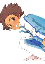 Rule 34 | 10s, 1boy, bad id, bad pixiv id, bou erika, brown eyes, brown hair, grin, inazuma eleven (series), inazuma eleven go, inazuma eleven go galaxy, male focus, matatagi hayato, simple background, smile, solo, white background