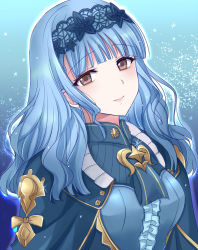 Rule 34 | 1girl, blue cape, blue dress, blue hair, blue hairband, blunt bangs, breasts, brown eyes, cape, center frills, closed mouth, commentary request, dress, fire emblem, fire emblem: three houses, fire emblem warriors, fire emblem warriors: three hopes, frills, hairband, kirishima riona, lace hairband, lips, long hair, looking at viewer, marianne von edmund, medium breasts, nintendo, official alternate hairstyle, pink lips, smile, solo, upper body, wavy hair