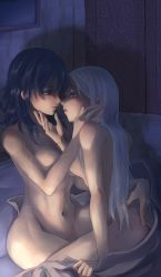 Rule 34 | 2girls, absurdres, artist request, ass, bare shoulders, black eyes, black hair, breasts, butt crack, byleth (female) (fire emblem), byleth (fire emblem), collarbone, edelgard von hresvelg, face-to-face, fire emblem, fire emblem: three houses, hair between eyes, hand on another&#039;s back, highres, long hair, looking at another, medium breasts, multiple girls, navel, nintendo, nude, open mouth, parted lips, purple eyes, scar, stomach, white hair, yuri