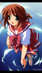 Rule 34 | 00s, 1girl, blue eyes, brown hair, folded ponytail, kantoku, komaki manaka, letterboxed, looking up, open mouth, school uniform, serafuku, short hair, smile, solo, standing, to heart (series), to heart 2, wading, water
