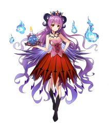 Rule 34 | 1girl, blunt bangs, candle, floating hair, hand on own hip, highres, horns, long hair, original, purple hair, red eyes, red skirt, simple background, skirt, skull, smile, solo, strapless, very long hair, white background, xingxiang senlin