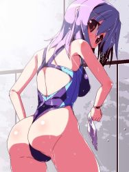 Rule 34 | 1girl, ass, bare shoulders, competition swimsuit, long hair, looking back, miuku (marine sapphire), one-piece swimsuit, one-piece thong, original, purple hair, red eyes, solo, swimsuit, wet