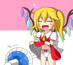 Rule 34 | 1girl, blonde hair, blush, chibi, clothes lift, dress, dress lift, electric fan, embodiment of scarlet devil, closed eyes, fang, fanning crotch, feiton, female focus, flandre scarlet, midriff, open mouth, panties, red dress, side ponytail, smile, solo, touhou, underwear, white panties