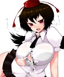 Rule 34 | 1girl, aftersex, black hair, blush, bra, breasts, brown hair, cum, cum on body, cum on breasts, cum on clothes, cum on upper body, cumdrip, female focus, han (jackpot), hat, huge breasts, lingerie, lying, on side, open clothes, open mouth, red eyes, shameimaru aya, skirt, smell, solo, stain, sweat, tokin hat, touhou, underwear, white background, wings