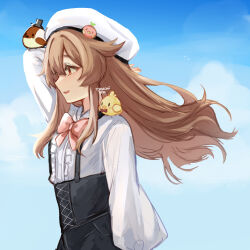 Rule 34 | 1girl, animal, bird, black skirt, blue sky, bow, bowtie, brown eyes, brown hair, chick, chick on shoulder, clothed animal, dated, floating hair, hat, highres, long hair, long sleeves, original, pink bow, pink bowtie, profile, shirt, signature, skirt, sky, smile, solo, suspender skirt, suspenders, temachii, temachii (character), top hat, white hat, white shirt