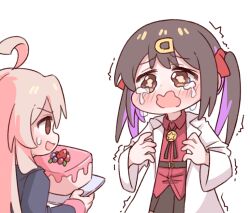 Rule 34 | 2girls, ahoge, belt, birthday cake, black hair, black skirt, blush, bolo tie, cake, coat, commentary request, crying, crying with eyes open, food, hair ornament, hair ribbon, hairclip, korean commentary, lab coat, long hair, m1ch, multicolored hair, multiple girls, onii-chan wa oshimai!, open clothes, open coat, open mouth, oyama mahiro, oyama mihari, pink hair, purple hair, red ribbon, red shirt, ribbon, shirt, siblings, simple background, sisters, skirt, sweatdrop, tears, trembling, twintails, two-tone hair, wavy eyes, wavy mouth, white background