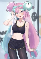 Rule 34 | 1girl, absurdres, alternate costume, asymmetrical bangs, black leggings, black shorts, black sports bra, blue hair, blurry, blurry background, breasts, character hair ornament, collarbone, commentary request, creatures (company), dolphin shorts, game freak, gym, hair ornament, highres, holding, holding towel, indoors, iono (pokemon), kohaku teru, leggings, looking at viewer, medium breasts, multicolored hair, navel, nintendo, open mouth, pink eyes, pink hair, pokemon, pokemon sv, sharp teeth, shorts, solo, sports bra, sweat, teeth, towel, two-tone hair, wiping sweat