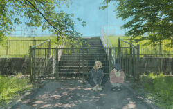 Rule 34 | 2girls, arima haruka, blonde hair, blue footwear, blue hair, blue jacket, cardigan, closed mouth, crossed arms, dappled sunlight, day, fence, grass, grey footwear, grey pants, grey shirt, hair ornament, hairclip, hugging own legs, jacket, knees apart feet together, long hair, long sleeves, looking at another, multiple girls, open mouth, outdoors, pants, pink cardigan, plant, sandals, sazanami no shoujo-tachi, scenery, shirt, shoes, short hair, sitting, sneakers, soma michiko, stairs, sunlight, toratani rin, tree, wide shot