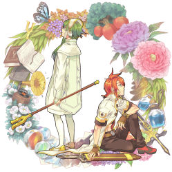 Rule 34 | 00s, 2boys, apple, book, bug, butterfly, fingerless gloves, flower, food, fruit, gloves, green hair, hairband, insect, ion (tales), long hair, luke fon fabre, miho (mi), multiple boys, musical note, pantyhose, phonograph, red hair, short hair with long locks, staff, sword, tales of (series), tales of the abyss, tree, weapon