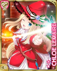 Rule 34 | 1girl, blonde hair, blue eyes, bow, card, character name, chloe lemaire, dress, girlfriend (kari), hat, indoors, long hair, official art, one eye closed, open mouth, pointing, qp:flapper, red bow, red dress, red hat, smile, solo, tagme, wink, witch, witch hat