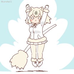 Rule 34 | 1girl, animal ears, arms up, bear ears, bear girl, blue background, coroha, extra ears, full body, gloves, grey hair, jacket, jumping, kemono friends, looking at viewer, pantyhose, paw stick, polar bear (kemono friends), shoes, short hair, simple background, skirt, solo, weapon