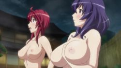 Rule 34 | 2girls, animated, animated gif, blush, bouncing breasts, breasts, cleavage, grabbing, grabbing another&#039;s breast, hoods entertainment, inverted nipples, large breasts, multiple girls, nipples, nude, oribe mafuyu, outdoors, red hair, seikon no qwaser, talking, yamanobe tomo
