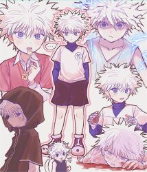Rule 34 | ..., 1boy, badge, blood, blood on face, blue eyes, candy, child, collage, electricity, food, hexagram, highres, holding, holding candy, holding food, holding lollipop, hood, hood up, hunter x hunter, killua zoldyck, layered sleeves, lollipop, long sleeves, looking at viewer, male focus, od stc, profile, shirt, short hair, short over long sleeves, short sleeves, shorts, simple background, solo, speech bubble, star of david, white background, white hair, white shirt, yo-yo