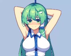 Rule 34 | 1girl, animated, armpits, arms behind head, arms up, bdsm, blue dress, blush, bondage, bound, bound wrists, breasts, collared shirt, dress, frog, frog hair ornament, furumero, green eyes, green hair, hair ornament, hair tubes, japanese clothes, kochiya sanae, large breasts, long hair, looking at viewer, miko, video, nontraditional miko, pixel art, restrained, rope, shirt, sleeveless, sleeveless shirt, snake, snake hair ornament, solo, touhou, upper body, white shirt