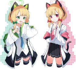 2girls abstract_background absurdres animal_ear_headphones animal_ears black_shorts black_skirt blonde_hair blue_archive blue_necktie blush bow cat_ear_headphones cat_tail closed_mouth cowboy_shot fake_animal_ears green_eyes green_halo hair_bow halo hand_on_own_chin hashtag-only_commentary headphones highres jacket long_sleeves looking_at_viewer low-tied_sidelocks low_twintails midori_(blue_archive) momoi_(blue_archive) multiple_girls necktie open_clothes open_mouth pink_halo pleated_skirt red_eyes shirokuma_(zeroillya) shirt short_hair shorts siblings sisters skirt sleeves_past_wrists smile standing tail thighhighs twins twintails white_background white_jacket white_shirt wide_sleeves