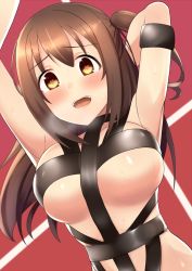 Rule 34 | 10s, 1girl, arm behind head, armband, arms up, bare shoulders, blush, bondage outfit, breasts, brown eyes, commentary request, heart, heart-shaped pupils, hot limit, idolmaster, idolmaster cinderella girls, large breasts, long hair, looking at viewer, open mouth, perky breasts, red background, shimamura uzuki, shiny skin, side ponytail, simple background, solo, suzutarou gunsou, sweat, swept bangs, symbol-shaped pupils, t.m.revolution, underboob