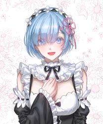 Rule 34 | 1girl, :d, aoao re rerure, bare shoulders, black ribbon, blue eyes, blue hair, blush, breasts, cleavage, commentary request, detached sleeves, dress, eyes visible through hair, floral background, floral print, frilled sleeves, frills, hair ornament, hair over one eye, hair ribbon, hand up, hands on own chest, highres, large breasts, long sleeves, looking at viewer, maid, maid headdress, medium breasts, neck ribbon, open mouth, pink ribbon, re:zero kara hajimeru isekai seikatsu, rem (re:zero), ribbon, ribbon-trimmed sleeves, ribbon trim, roswaal mansion maid uniform, short hair, smile, solo, upper body, x hair ornament