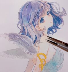 Rule 34 | 1girl, angel wings, art tools in frame, back, bare arms, blue eyes, blue hair, breasts, feather dress, feathered wings, feathers, hair behind ear, highres, looking at viewer, medium hair, original, paintbrush, painting (medium), parted lips, photo (medium), sideboob, simple background, small breasts, solo, srnmomo, traditional media, upper body, watercolor (medium), white background, white wings, wings