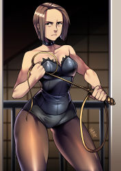 Rule 34 | 1girl, black eyes, black leotard, breasts, brown hair, cleavage, collar, contrapposto, do not feed the monkeys, dominatrix, doorway, frown, highres, holding, holding whip, leotard, medium breasts, pantyhose, peole zmeriss, ryuusei (mark ii), signature, solo, spiked collar, spikes, strapless, strapless leotard, thick thighs, thighs