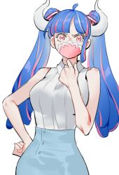 Rule 34 | 1girl, ahoge, blue hair, blue skirt, collared shirt, covered mouth, curled horns, dinosaur girl, horns, long hair, looking at viewer, mask, mouth mask, multicolored hair, one piece, pink eyes, pink hair, pink mask, raine (acke2445), shirt, shirt tucked in, skirt, sleeveless, sleeveless shirt, solo, streaked hair, twintails, ulti (one piece), white shirt