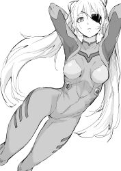 Rule 34 | 1girl, absurdres, alternate hairstyle, arms up, artist request, bodysuit, breasts, evangelion: 3.0 you can (not) redo, eyepatch, highres, long hair, looking at viewer, medium breasts, monochrome, neon genesis evangelion, plugsuit, rebuild of evangelion, simple background, skin tight, solo, souryuu asuka langley, twintails, two side up, white background
