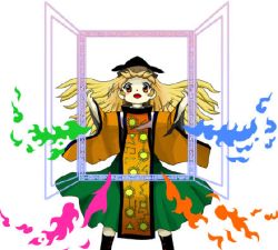 Rule 34 | 1girl, black hat, blonde hair, door, hat, long hair, lowres, matara okina, official art, open mouth, simple background, solo, tabard, torn clothes, touhou, white background, wide sleeves, yellow eyes, zun (artist)