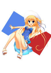 Rule 34 | 1girl, bangle, bare legs, bare shoulders, belt, blue eyes, blush, bracelet, breasts, camisole, chemise, france, french flag, hair ornament, hair ribbon, hairclip, hat, jewelry, knees together feet apart, kurokage, long hair, lots of jewelry, orange hair, orangina, original, personification, pigeon-toed, ribbon, sandals, side ponytail, side slit, skirt, solo, sun hat, toes
