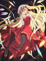 Rule 34 | 1girl, alternate breast size, black pantyhose, blonde hair, closed mouth, commentary request, crystal, dress, elbow gloves, falken (yutozin), flandre scarlet, full body, gloves, hair between eyes, hat, high heels, long hair, mob cap, pantyhose, pointy ears, red dress, red eyes, red footwear, smile, solo, touhou, very long hair, white gloves, white hat, wings