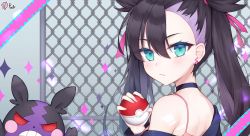 Rule 34 | 1girl, aqua eyes, asymmetrical bangs, bare shoulders, black choker, black hair, black jacket, blush, chain-link fence, choker, closed mouth, commentary request, creatures (company), dress, earrings, fence, game freak, gen 8 pokemon, hair between eyes, hair ribbon, hand up, holding, holding poke ball, jacket, jewelry, long hair, long sleeves, looking at viewer, looking to the side, marnie (pokemon), morpeko, morpeko (hangry), nintendo, off shoulder, pink dress, poke ball, poke ball (basic), pokemon, pokemon (creature), pokemon swsh, pong (vndn124), red ribbon, ribbon, signature, sparkle, twintails