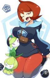 Rule 34 | 1girl, ahoge, alternate breast size, arezu (pokemon), breasts, brown bag, cowlick, creatures (company), diamond clan outfit, game freak, gen 5 pokemon, gradient clothes, gradient legwear, heavy ball, highres, hisuian lilligant, jellcaps, large breasts, nintendo, one eye closed, open mouth, pantyhose, petilil, poke ball, pokemon, pokemon (creature), pokemon legends: arceus, red eyes, red hair