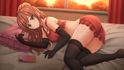 Rule 34 | 1girl, :t, ass, bang dream!, bare shoulders, bed, black gloves, black thighhighs, blurry, blush, brown hair, cellphone, commentary, crop top, curtains, depth of field, earrings, elbow gloves, frills, gloves, green eyes, highres, imai lisa, indoors, jewelry, kazenokaze, long hair, looking at viewer, loungewear, lying, midriff, navel, on bed, on side, phone, pillow, ponytail, pout, sidelocks, skindentation, smartphone, solo, sunset, thighhighs, thighs, underwear, underwear only, window