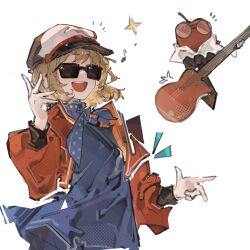 Rule 34 | 1girl, 1other, apple, apple (reverse:1999), black bow, black bowtie, blue dress, blue scarf, bow, bowtie, brown hair, commentary, dress, eighth note, electric guitar, food, fruit, glasses, guitar, highres, instrument, jacket, jumbowhopper, long sleeves, musical note, notice lines, open mouth, red jacket, regulus (reverse:1999), reverse:1999, scarf, short hair, simple background, smile, star (symbol), sunglasses, upper body, white background, white headwear