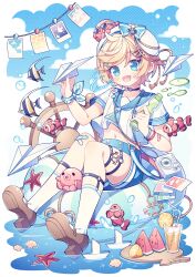 Rule 34 | 1boy, :d, anchor hair ornament, blonde hair, blue eyes, blue sailor collar, blue shorts, blush, brown footwear, clownfish, commentary, drink, drinking straw, fang, fish, food, fruit, hair ornament, hairclip, halftone, hat, holding, holding drink, hyou (pixiv3677917), ice, ice cube, innertube, looking at viewer, male focus, multiple bracelets, navel, o-ring, o-ring thigh strap, open mouth, orange (fruit), orange slice, original, paper airplane, polaroid, sailor collar, sailor hat, school uniform, serafuku, shirt, shoes, shorts, sidelocks, sitting, smile, socks, solo, swim ring, symbol-only commentary, thigh strap, water, watermelon, watermelon slice, white shirt, white socks, wind, wind lift