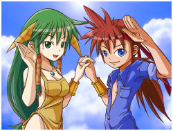 Rule 34 | 1boy, 1girl, apron, bare shoulders, breasts, cleavage, feena (grandia), grandia, grandia i, green hair, image sample, justin (grandia), large breasts, long hair, looking at viewer, md5 mismatch, naked apron, open mouth, pixiv sample, smile