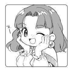 1girl commentary_request dress earrings freckles grandia grandia_i greyscale hands_on_own_cheeks hands_on_own_face jewelry kari_(kakko_k) looking_at_viewer monochrome one_eye_closed open_mouth short_hair simple_background smile solo sue_(grandia) upper_body