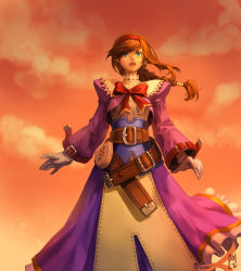 Rule 34 | 1girl, belt, belt buckle, bow, braid, brown belt, brown hair, buckle, cloud, gloves, green eyes, hairband, highres, juliet sleeves, long hair, long sleeves, ohil (ohil822), open mouth, outdoors, puffy sleeves, red bow, red hairband, ribbon trim, single braid, sky, solo, teeth, twilight, virginia maxwell, white gloves, wild arms, wild arms 3