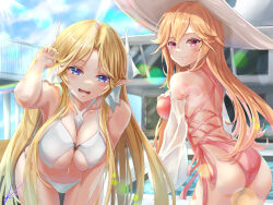 Rule 34 | 2girls, absurdres, ass, azur lane, bikini, blonde hair, blue eyes, breasts, brest (azur lane), brest (marine muse) (azur lane), casual one-piece swimsuit, cleavage, cross-laced clothes, cross-laced one-piece swimsuit, hair between eyes, hat, highres, large breasts, long hair, looking at viewer, multiple girls, one-piece swimsuit, open mouth, pink one-piece swimsuit, pointy ears, red eyes, richelieu (azur lane), richelieu (fleuron of the waves) (azur lane), sun hat, swimsuit, white bikini, white headwear, yam (yam6056)