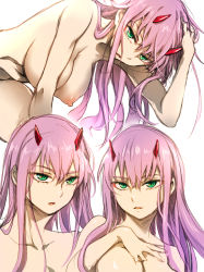 Rule 34 | 10s, 1girl, absurdres, bent over, breasts, cleavage, darling in the franxx, green eyes, hand on head, hand on own chest, hanging breasts, herozu (xxhrd), highres, horns, large breasts, long hair, looking at viewer, multiple views, navel, nude, open mouth, pink hair, shiny skin, simple background, sketch, white background, zero two (darling in the franxx)