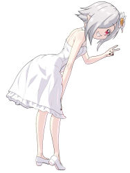 Rule 34 | 1girl, ass, bent over, black nails, blush, breasts, dress, flower, full body, grey hair, grin, hair flower, hair ornament, jashin-chan dropkick, looking at viewer, looking back, nail polish, persephone ii, pointy ears, red eyes, short hair, simple background, small breasts, smile, solo, standing, v, white background, white dress